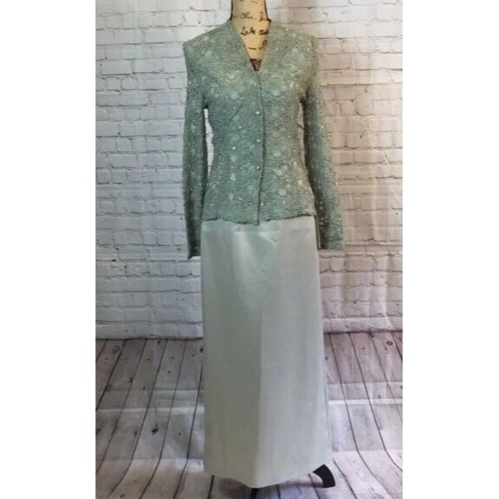NWt JS Boutique Maxi Formal 54" Long Dress Sage Green & Beaded Lace Jacket Sz 4